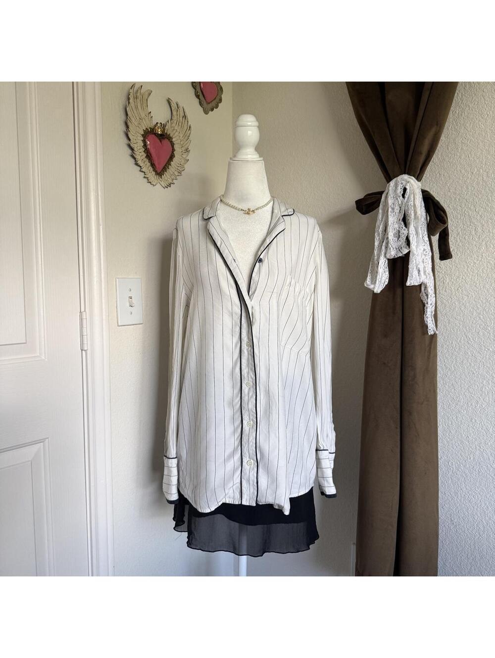 FRAME Silk Pajama Shirt M Ivory Navy Pinstripe Piping Sheer Blouse Flawed